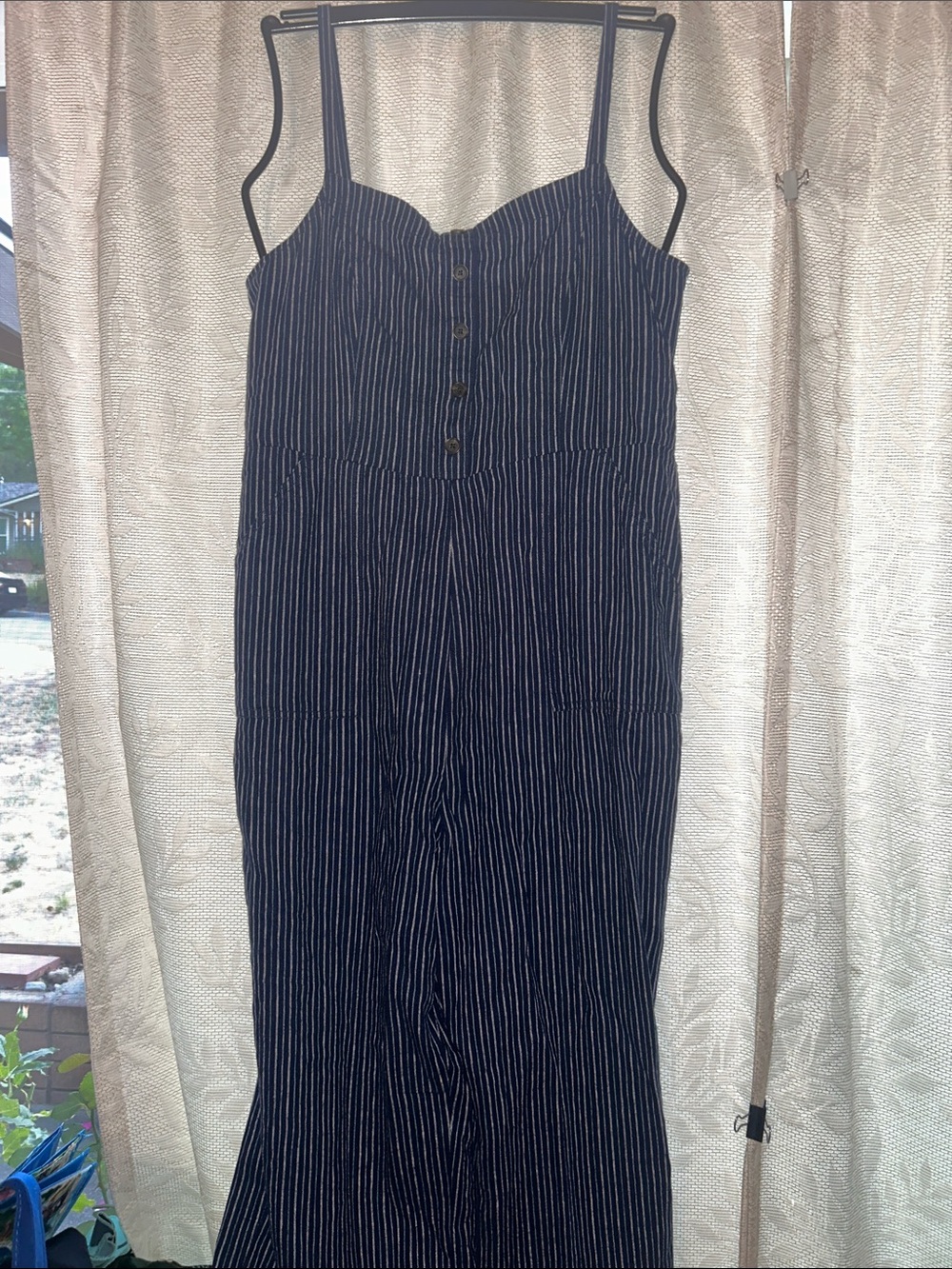 Old Navy Navy and White Striped Button-Front Jumpsuit